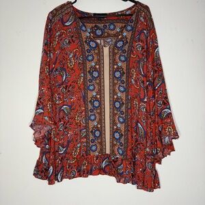Cynthia Rowley top size 2X peasant bell sleeve paisley hippie boho